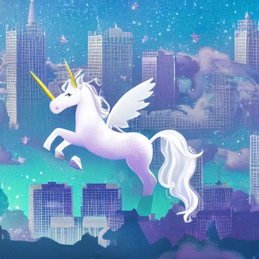 Prompt: unicorn flying above a city, whool universe