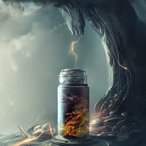 Image similar to commission of a jar with lightning in it,design by charles bowater,greg rutkowski,ross tran,hyperdetailed,hyperrealistic,4k,deviantart,artstation,professional photography,concept art,dramatic