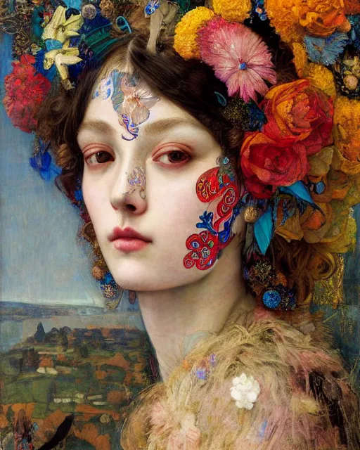 Prompt: a beautiful girl wearing colourful face paint surrounded by bright intricate patterns, by edgar maxence and caravaggio and michael whelan, intricate painting, hyper realistic, extremely detailed and beautiful aesthetic face, 8 k resolution