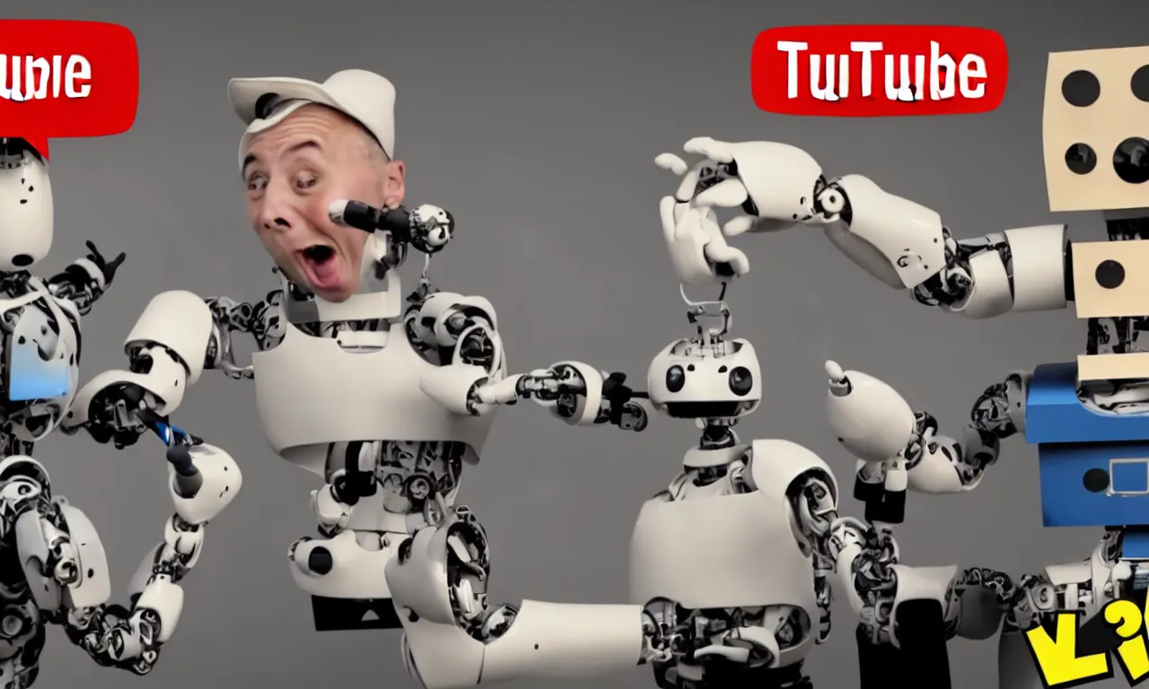 Prompt: youtube thumbnail of a surprised guy next to a robot with a paintbrush. photorealistic. intricate details. 3 5 mm photograph. dramatic lighting. action shot. absolute focus. masterpiece.