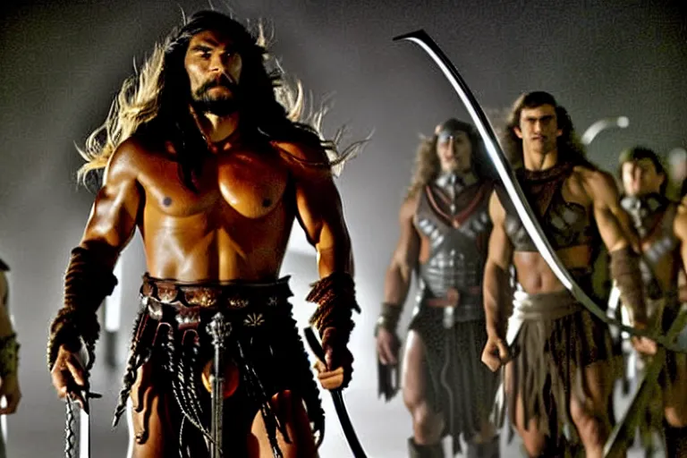 Image similar to 7 0 mm film still from conan the barbarian, jason momoa as conan holding a giant sword with both hands above his head wearing ornate dragon armor, in the wet catacombs of skulls and snakes, cinematic, volumetric lighting, mist, wet skin and windblown hair, muscular!!!, heroic masculine pose, ridley scott