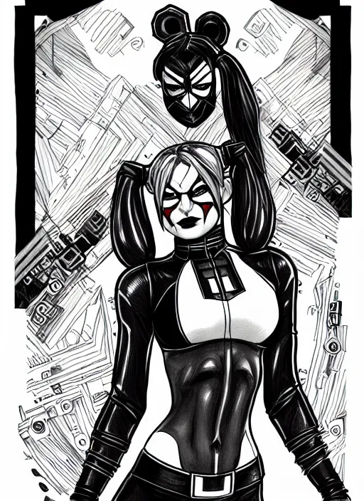 Image similar to symmetry concpet art, full shot, traditional ink, sketch, of olivia wilde as harley quinn, line sketch, intricate, elegant, highly detailed, monochrome, digital painting, artstation, concept art, sharp focus, illustration, art by borderlands 3 and peter polach