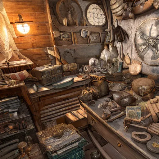 Image similar to a great treasure trove filled with precious objects stollen by pirates, hyper realistic, hdri, raytracing