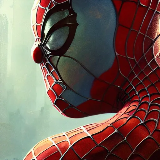 Image similar to Beautiful portrait of spiderman, wide angle, intricate, wild, highly detailed, digital painting, artstation, concept art, smooth, sharp focus, illustration, art by artgerm and greg rutkowski and alphonse mucha - W 768