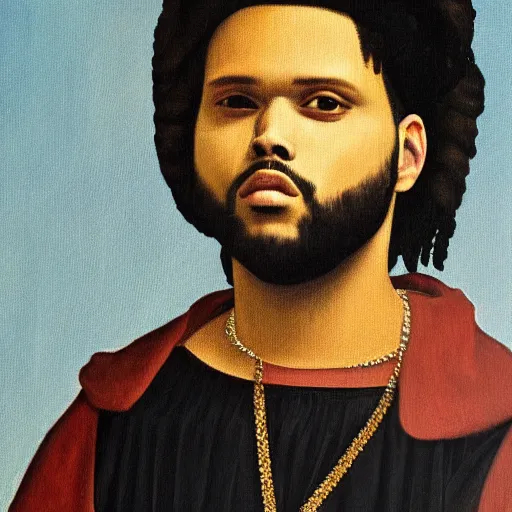 Image similar to a renaissance style portrait painting of the weeknd