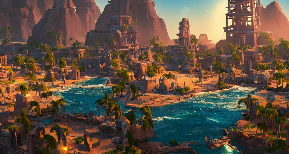 Prompt: ancient city of atlantis with big buildings in gold, asgard, fantasy, magical, cinematic, establishing shot, eye level, wide angle, epic scale, raytracing, volumetric lighting, extremely detailed, sharp focus, coherent, style of sea of thieves, vibrant colors