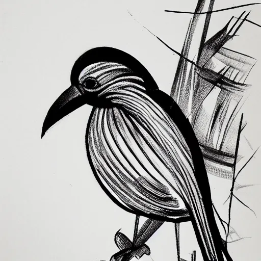 Prompt: bird in the style of grabadopalomares, black ink on white paper