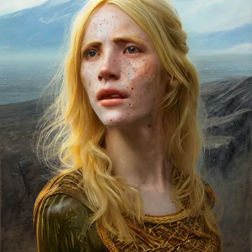 Image similar to an portrait of an happy female celt, blonde hair, lip scar, freckles, detailed, centered, digital painting, artstation, concept art, donato giancola, Joseph Christian Leyendecker, WLOP, Boris Vallejo, Breathtaking, 8k resolution, extremely detailed, beautiful, establishing shot, artistic, hyperrealistic, beautiful face, octane render