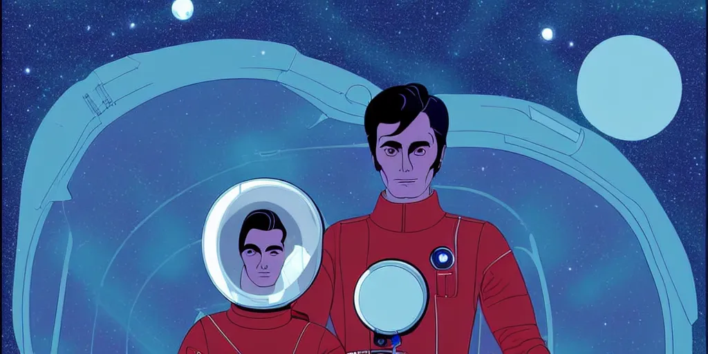 Image similar to a portrait of lonely single Alain Delon alone pilot in spacesuit posing in symmetrical spaceship station planet captain bridge outer worlds hyper contrast in FANTASTIC PLANET La planète sauvage animation by René Laloux