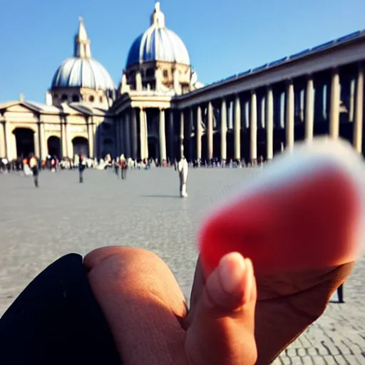 Prompt: artistic photograph by ai weiwei of a man showing ( ( ( stinky finger ) ) ) with condom on it ( ( ( from behind ) ) ), st peter's basilica slighly out of focus in background, cell phone photo