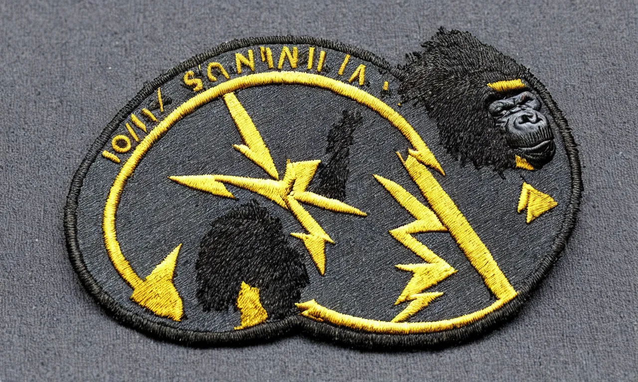 Prompt: a gorilla snapping lighting bolts of n it's hands. round, circular embroidered us radar corps patch 8 k /