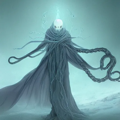 Image similar to concept designs for an ethereal ghostly wraith like figure with a squid like parasite latched onto its head and long tentacle arms that flow lazily but gracefully at its sides like a cloak while it floats around a frozen rocky tundra in the snow searching for lost souls and that hides amongst the shadows in the trees, this character has hydrokinesis and electrokinesis for the resident evil village video game franchise with inspiration from the franchise Bloodborne and the mind flayer from stranger things on netflix