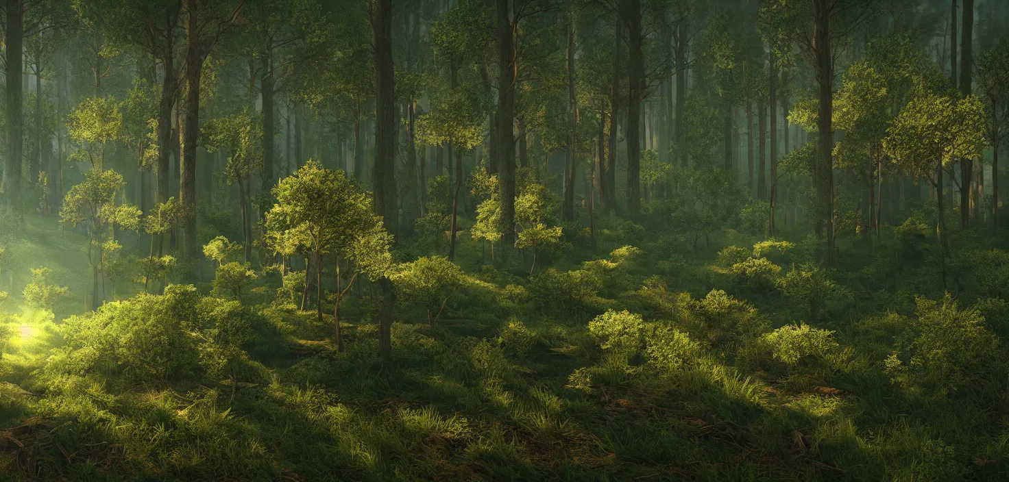 Image similar to random forest landscape, incredible, vector art, octane render, fabulous, hyper detailed, random cinematic view, no noise, global illumination