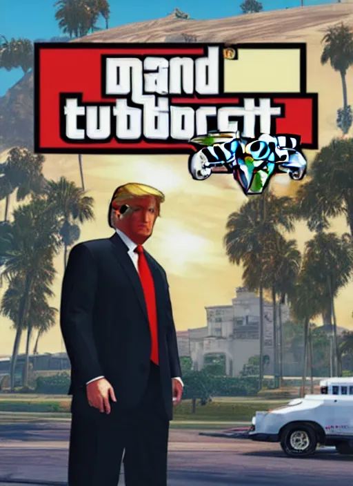 Image similar to gta 5 game poster showing donald trump with cardboard box outside mar - a - lago, wide shot, lego,