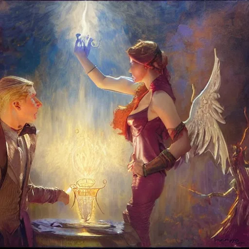 Image similar to attractive magician casts dark spell, summoning attractive lucifer morningstar. highly detailed painting by gaston bussiere, craig mullins, j. c. leyendecker 8 k