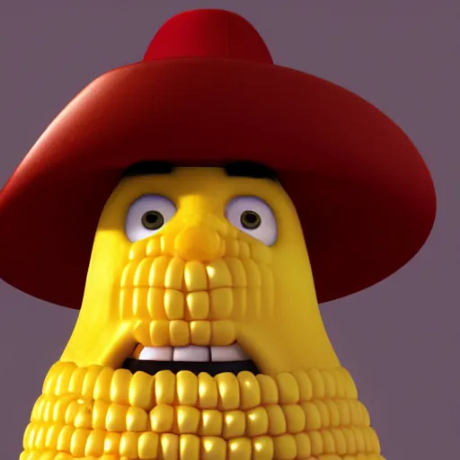 Prompt: john cornyn as a pixar character with a corn on the cob body and cowboy hat, 3 d, octane render,