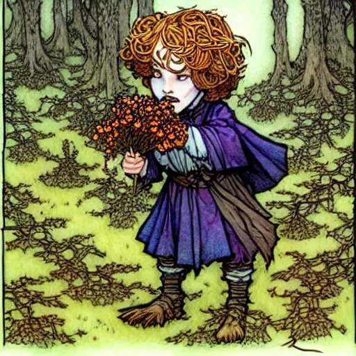 Image similar to A cute little frankestein collecting flowers in the forest. Absurdly-detailed fantasy character illustration by Rebecca Guay and Wayne Reynolds