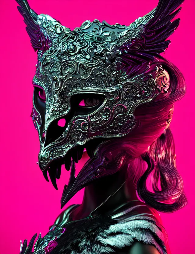 Prompt: 3 d goddess close - up profile portrait with raven skull. beautiful intricately detailed avante garde wolf mask and futurepunk outfit. neon moths, bio luminescent, frost, splash,, creature, artwork by tooth wu and wlop and beeple and greg rutkowski