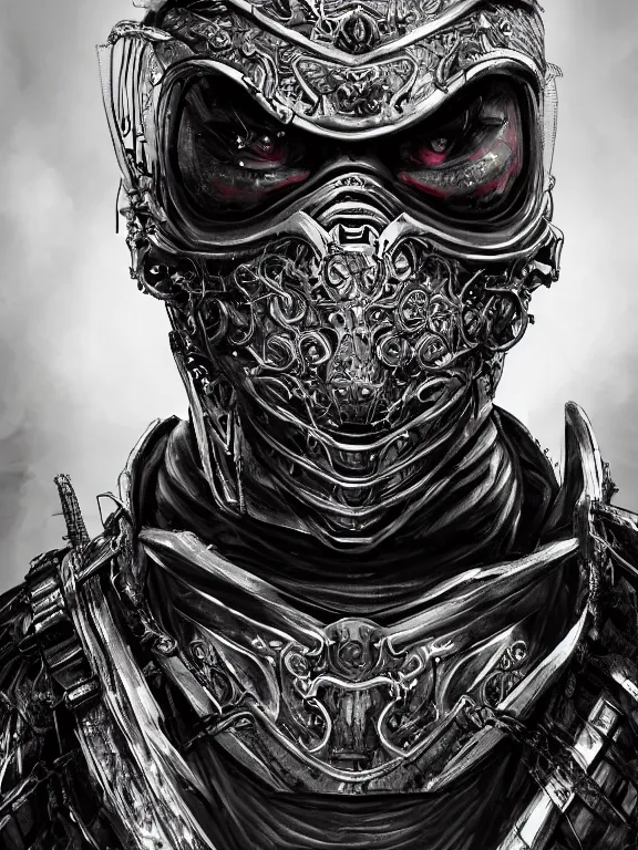 Prompt: portrait art of 8k ultra realistic undead ninja,intricate black mask, detailed intricate ornate armour,decaying, cybernetic, full of colour, cinematic lighting, battered, trending on artstation, 4k, hyperrealistic, focused, extreme details,unreal engine 5, cinematic, masterpiece, art by ayami kojima, giger