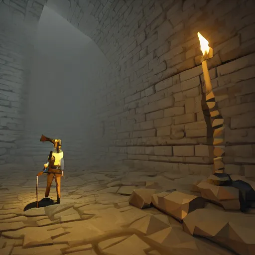 Image similar to a man holds a torch and explores a Dungeon, luminous, low poly