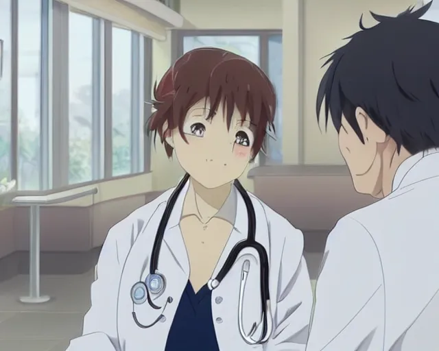 Image similar to a cute and beautiful young female doctor wearing white coat are talking with an old professor in a hospital, slice of life anime, lighting, anime scenery by Makoto shinkai