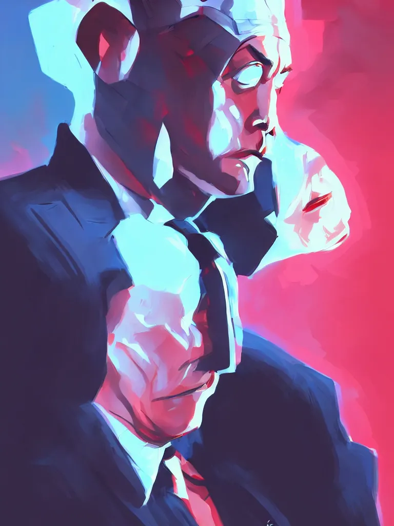 Prompt: Elon Musk with a chiseled Jawline and serious Look in his Suit, in the Style of Artgerm and Ross Draws and Mike Mignola and Atey Ghailan, rimlight, vibrant colors, hard shadows, Comic Cover Art, trending on artstation