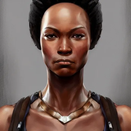 Image similar to beautiful, very strong, african american, female, middle aged, face, no makeup, no tattoos, warrior, battle hardened, head shot, fantasy, highly detailed, digital painting, artstation, concept art, smooth, sharp focus, illustration, art by jodie muir and brom