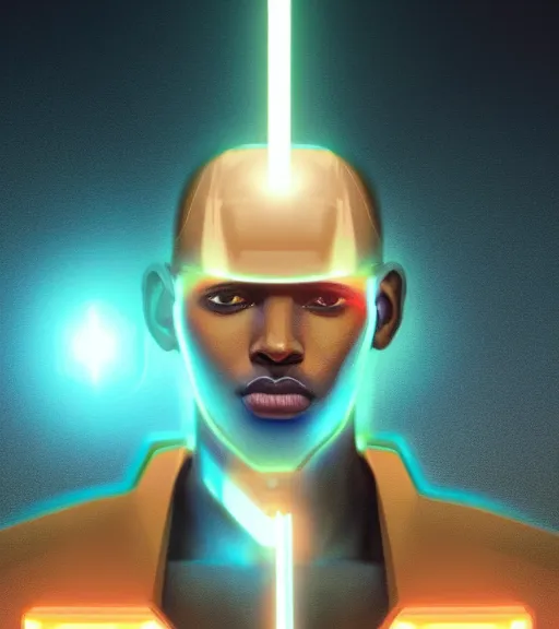 Image similar to symmetry!! egyptian prince of technology, solid cube of light, hard edges, product render retro - futuristic poster scifi, lasers and neon circuits, brown skin man egyptian prince, intricate, elegant, highly detailed, digital painting, artstation, concept art, smooth, sharp focus, illustration, dreamlike, art by artgerm