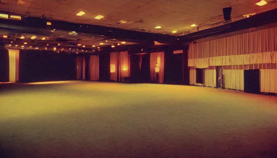 Image similar to 70s movie still of limonal empty space ballroom , cinestill 800t Technicolor, heavy grain, high quality, criterion collection