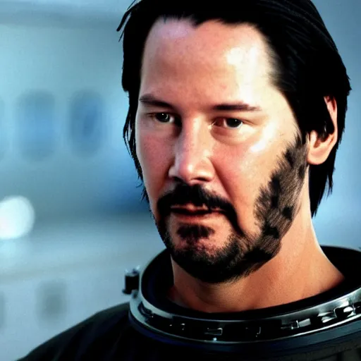 Prompt: Keanu reeves in a spacesuit with helmet on, headshot, photo still