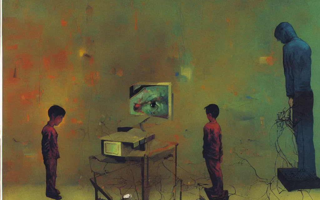 Prompt: early color photo of an boy standing and looking at an old PC computer monitor from 90s in an old soviet apartment, Beksinski impasto painting, part by Adrian Ghenie and Gerhard Richter. art by Takato Yamamoto, masterpiece