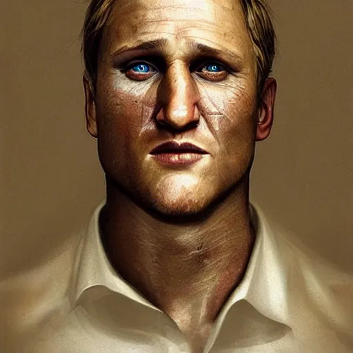 Image similar to hyperrealistic mixed media image of cross eyed slack jawed woody harrelson, stunning 3 d render inspired art by istvan sandorfi and greg rutkowski, perfect facial symmetry, realistic, highly detailed attributes and atmosphere, dim volumetric cinematic lighting, 8 k octane extremely hyper - detailed render, post - processing, masterpiece,