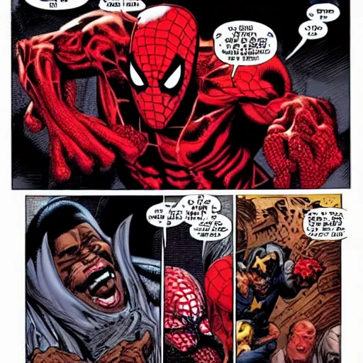 Image similar to marvel\'s carnage gives out food to the homeless, high quality comic picture, hyper detailed, hyper realistic