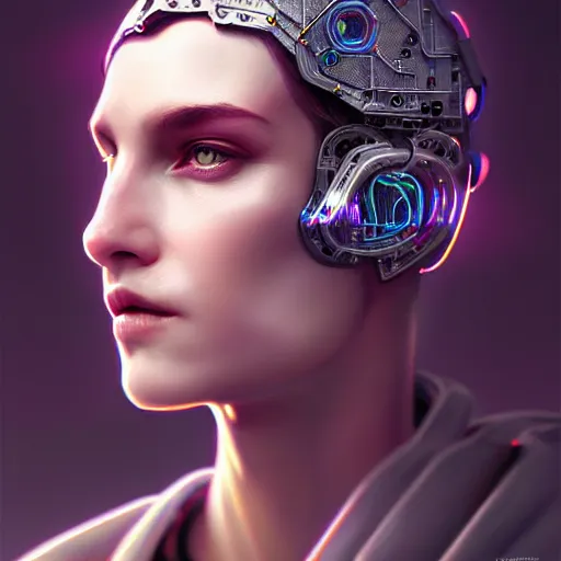 Prompt: cyberpunk robotic dark elvish king, diadem on the head, cyber implants, extremely detailed, hyperrealistic, intricate, soft light, fantasy, digital painting, art station, perfect faces, fine details, by wlop