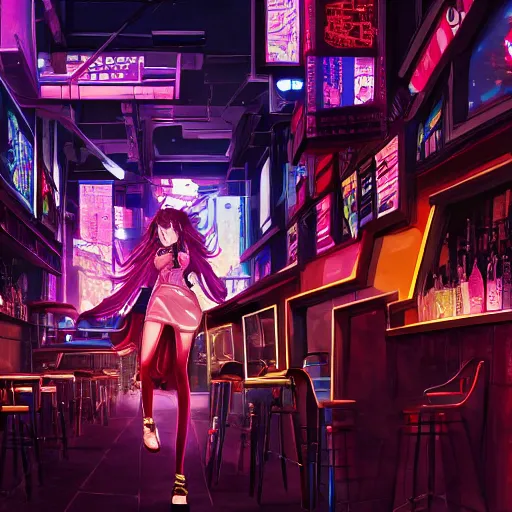 Prompt: Cinematography, anime girl in a bar, cyberpunk city, hyper detailed, 4k