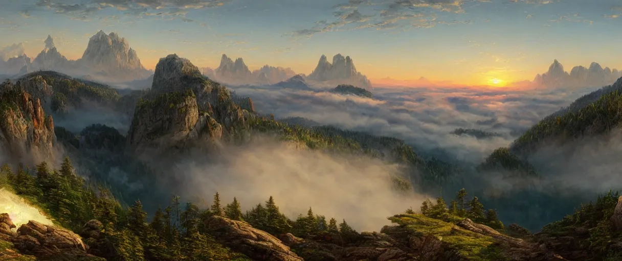 Prompt: a photorealistic breathtaking aerial view of the eastern alps mountain range at sunrise, cliffs, fog, hyperrealism, highly detailed, intricate, cinematic, front facing camera, cinematic, epic lighting, 8 k by frederic church, albert bierstadt