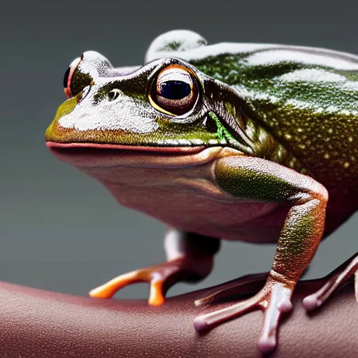 Image similar to hyperrealistic image of bullfrog, by thomas eakes & xiang duan, perfect symmetry, dim volumetric lighting, photorealistic, 8 k octane beautifully detailed render, post - processing, extremely hyper - detailed, intricate, epic composition, lifelike attributes, cinematic lighting, masterpiece, trending on artstation, very very detailed, stunning,