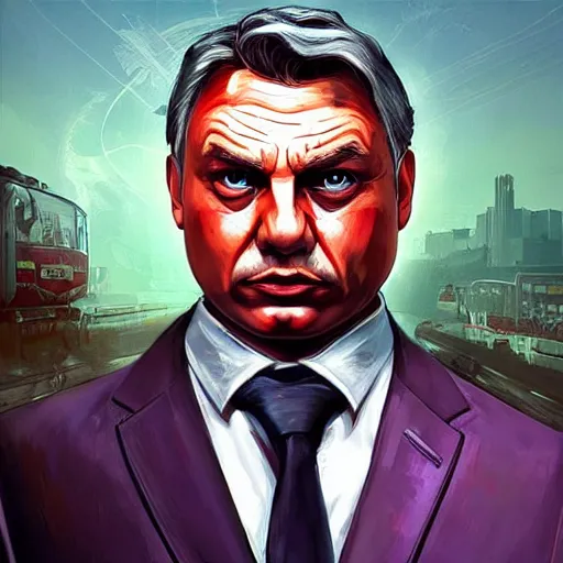 Image similar to Viktor Orban as a character in the game GTA VI, with a background based on the game League of Legends, detailed face, PAINTING BY android jones