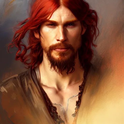 Image similar to portrait of a young rugged pirate, male, masculine, upper body, red hair, long hair, D&D, fantasy, intricate, elegant, highly detailed, digital painting, artstation, concept art, matte, sharp focus, illustration, art by Artgerm and Greg Rutkowski and Alphonse Mucha