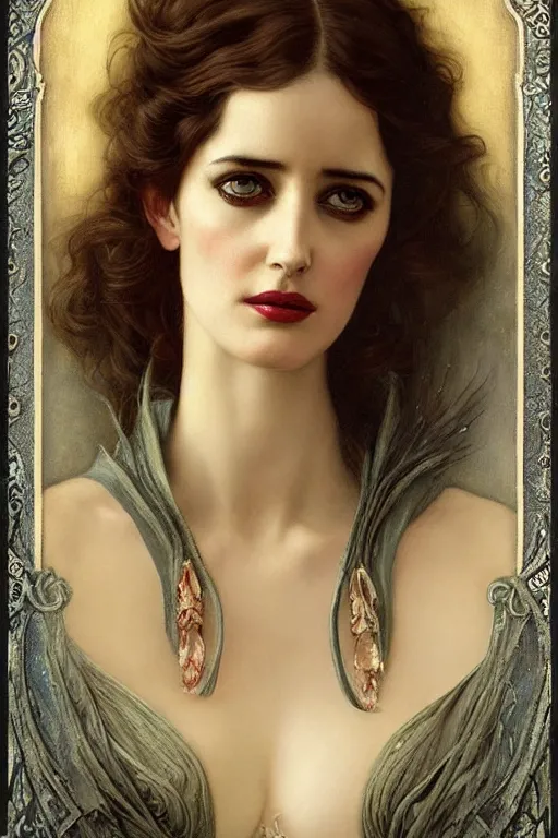 Image similar to Eva Green by Tom Bagshaw in the style of Gaston Bussière, art nouveau