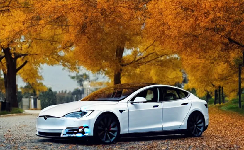 Image similar to new tesla model s on an autumn street by unsplash