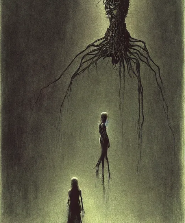 Image similar to woman standing. illustration of arachnophobia, fear of spiders, incredible amount of spiders, bugs. extremely high details, realistic, horror, creepy, masterpiece, art by zdzislaw beksinski, arthur rackham, dariusz zawadzki