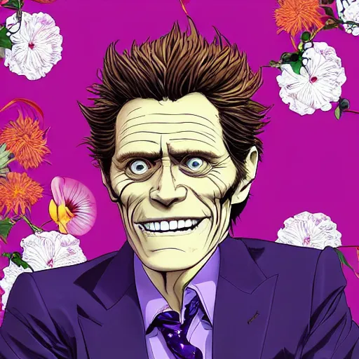 Image similar to willem dafoe, grinning, wearing a suit, posing, portrait surrounded by hibiscus flowers, jojo cover art, jojo anime style, david production, style of vento aureo cover art, style of stone ocean cover art, style of steel ball run cover art, style of jojolion cover art, ilya kuvshinov style, illustrated by hirohiko araki