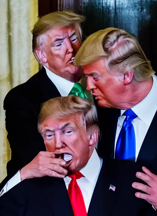 Image similar to beautiful high quality photo of donald trump kissing donald trump. hq. donald trump and donald trump kissing. two donald trumps kissing each other.