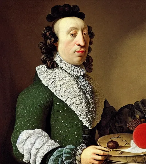 Image similar to Portrait of an elegant man dressed as an avocado, intricate fabric patterns, artwork by Pieter Claesz