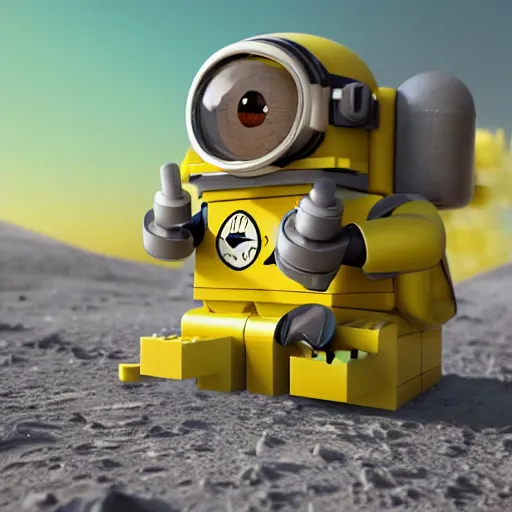 Image similar to lego minion astronaut on the moon by goro fujita and beeple, realism, sharp details, cinematic, highly detailed, digital, 3 d, yellow colors