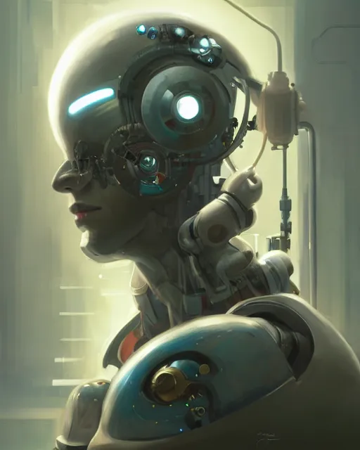 Image similar to a laboratory operator man with cybernetic enhancements seen from a distance, halfbody portrait, scifi character portrait by greg rutkowski, peter mohrbacher, daytoner, cinematic lighting, dystopian scifi gear, profile picture, mechanical, cyborg, half robot