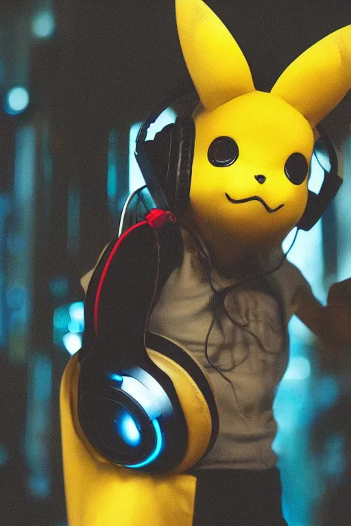 Prompt: Cyberpunk Pikachu wearing headphones