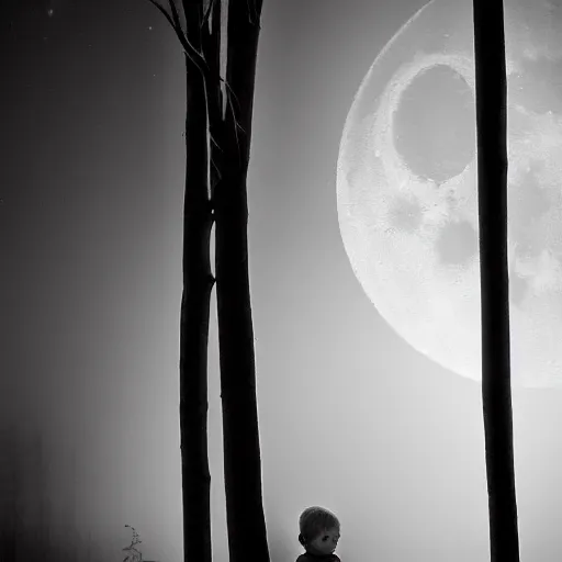 Image similar to moonlight shines through dead tree limbs, illuminating a small child peering into the window of a cabin on a dark foggy night