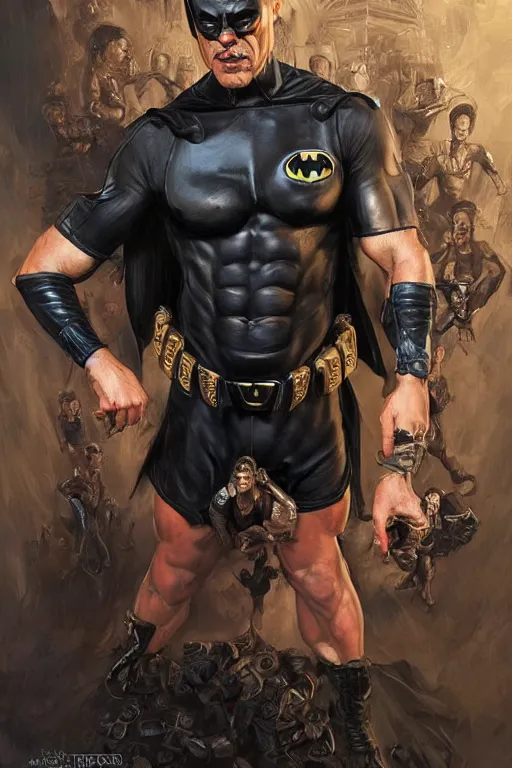 Image similar to Steve Buscemi as a hero in black leather shorts and batman head piece, drinking coffee with toddlers, amazing bodybuilder muscles, intricate, elegant, highly detailed, centered, digital painting, artstation, concept art, smooth, sharp focus, illustration, art by artgerm and donato giancola and Joseph Christian Leyendecker, Ross Tran, WLOP